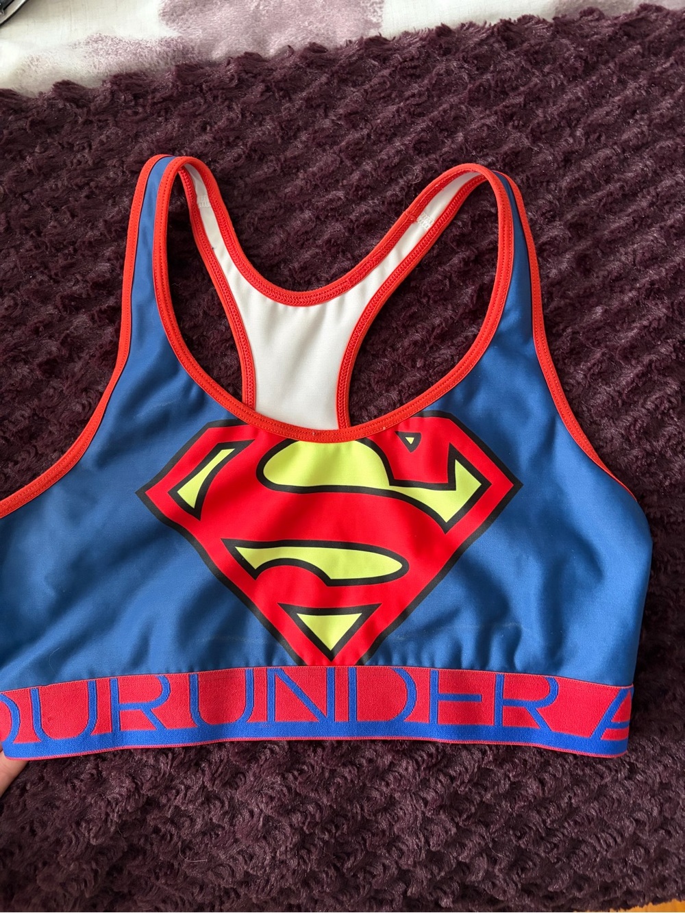 Under Armour Blue and Red Superman Logo Sports Bra